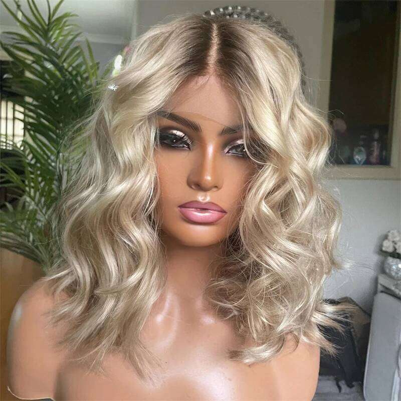 Honey Platinum Blonde Lace Frontal Wigs 13x4 Short Medium Woman"s Wig Glueless Loose Deep Synthetic Mix 5% Human Hair