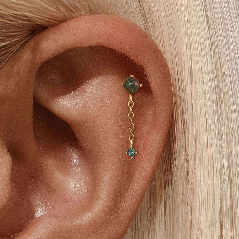 Aide 1PC Natural Water Grass Agate 925 Sterling Silver Flat Head Thread Puncture Green Moss Piercing Ear Bone Earring