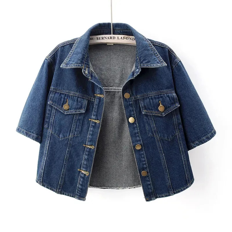 Vintage Cropped Denim Jacket Women Summer Loose Single Breasted Turn Down Collar Short Sleeve Tops Harajuku Casual Jean 251231