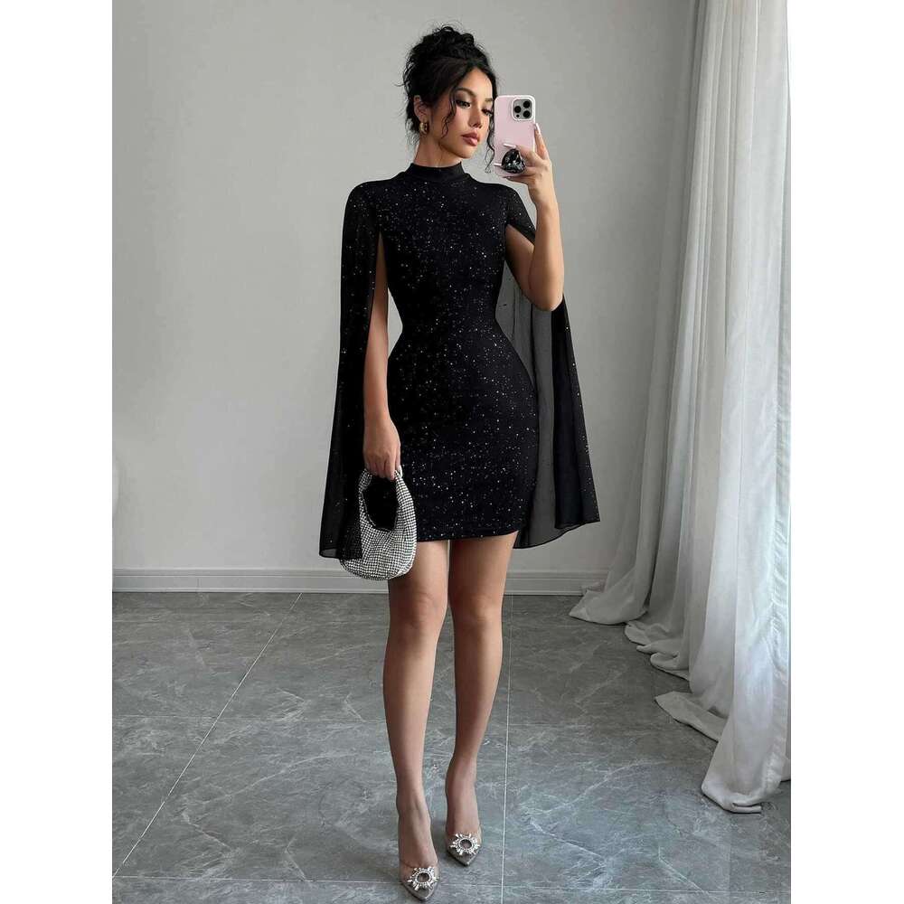 European and American Style Women's Shiny Printed High Neck Lantern Sleeve Tight Sexy Hot Girl Party Bodycon Dress