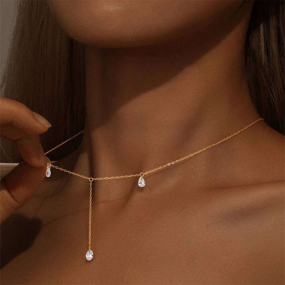 Aide 925 Sterling Silver Gold Color Zircon Pendant Necklaces for Women Long Tassel Design Clavicle Chains Necklace Collares
