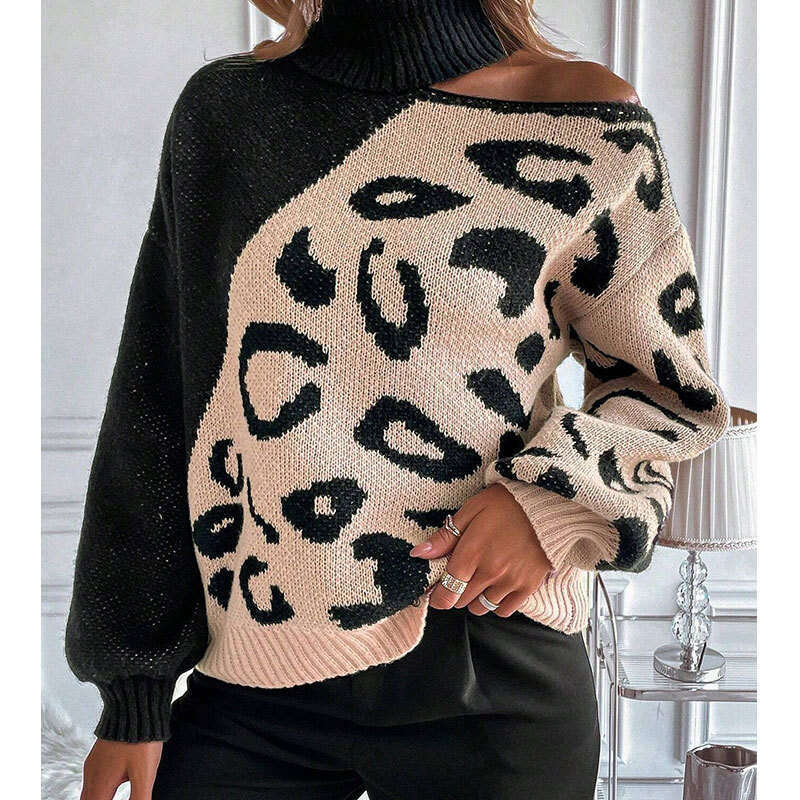European And American Autumn Winter New For Women Sexy Off-Shoulder Leopard Print Patchwork High Neck Pullover Knitted Sweater Factory Luanyun