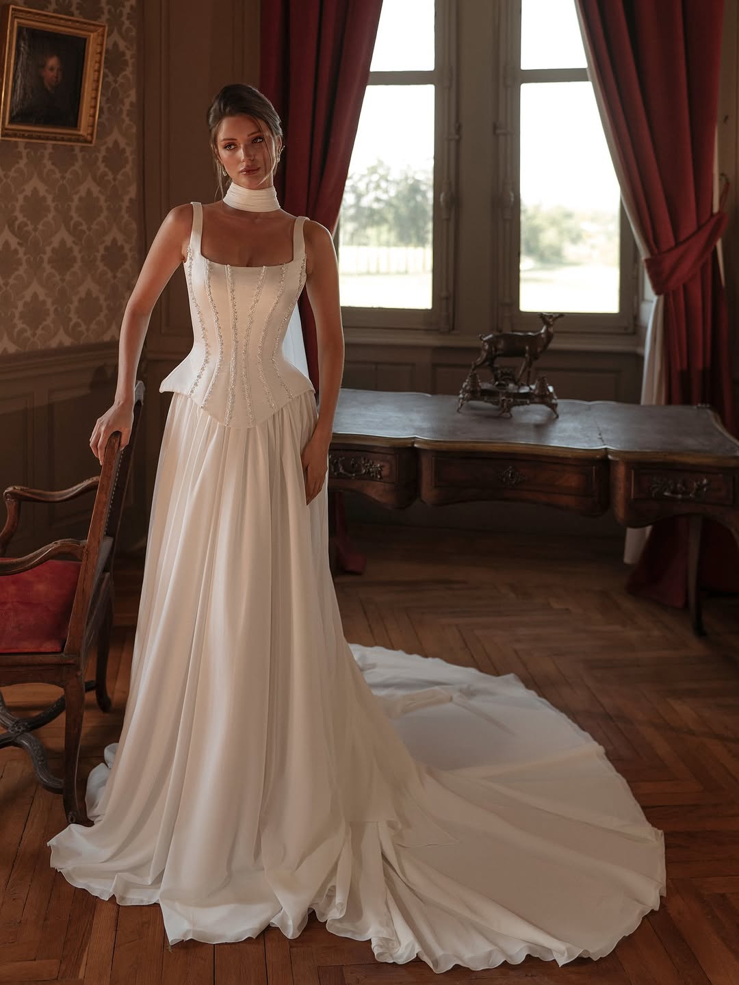 Simple A Line Wedding Dress For Women Square Neck Sleeveless Bridal Gown Pearls Sweep Train Dresses Custom Made vestidos de novia