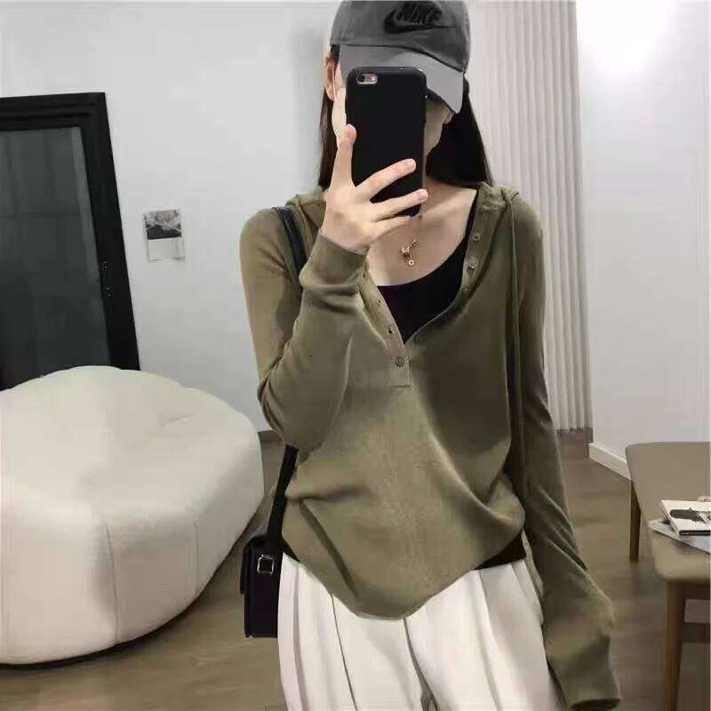 New Women's Pullover Hooded Sweater Spring And Autumn V-Neck Lazy Style Versatile Fashion Cashmere Solid Color Pul