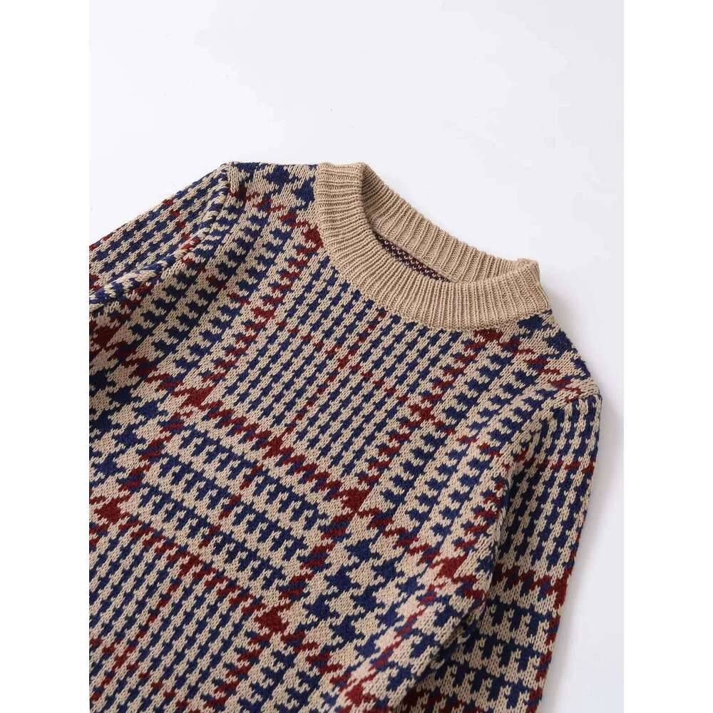 European And American Autumn New Fashion Casual Retro Style Long-Sleeved Houndstooth Blended Knitted Sweater