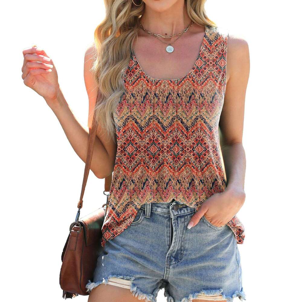 2026 Spring Summer New Round Neck Tie-Dye Printed Loose Sleeveless T-Shirt Vest for Women