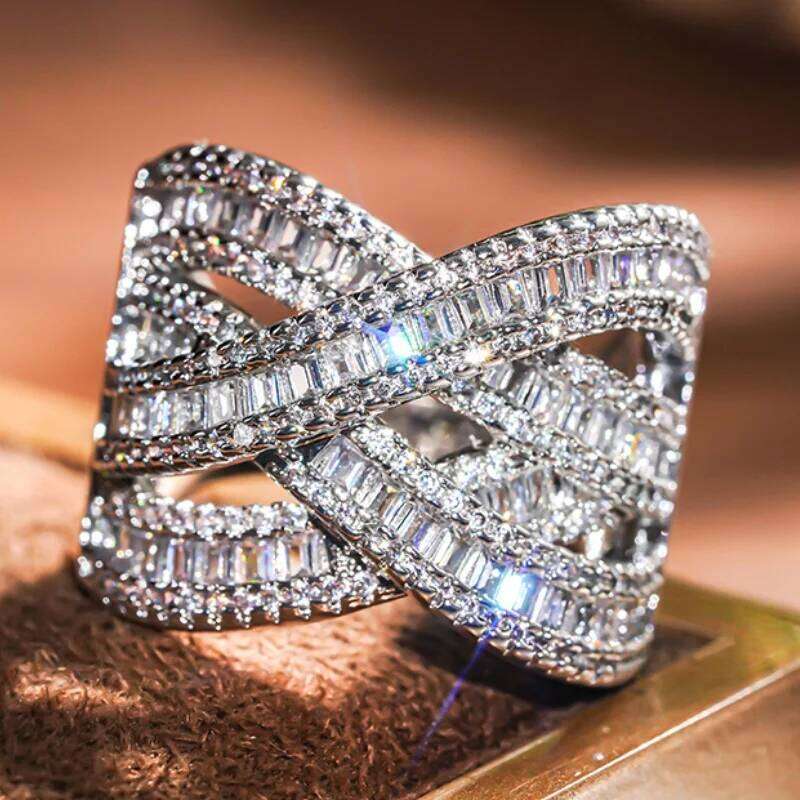 Huitan Multi-layer Cross Design Rings Brilliant Cubic Zirconia Hollow-out Women Accessories Aesthetic Gorgeous Wedding Jewelry