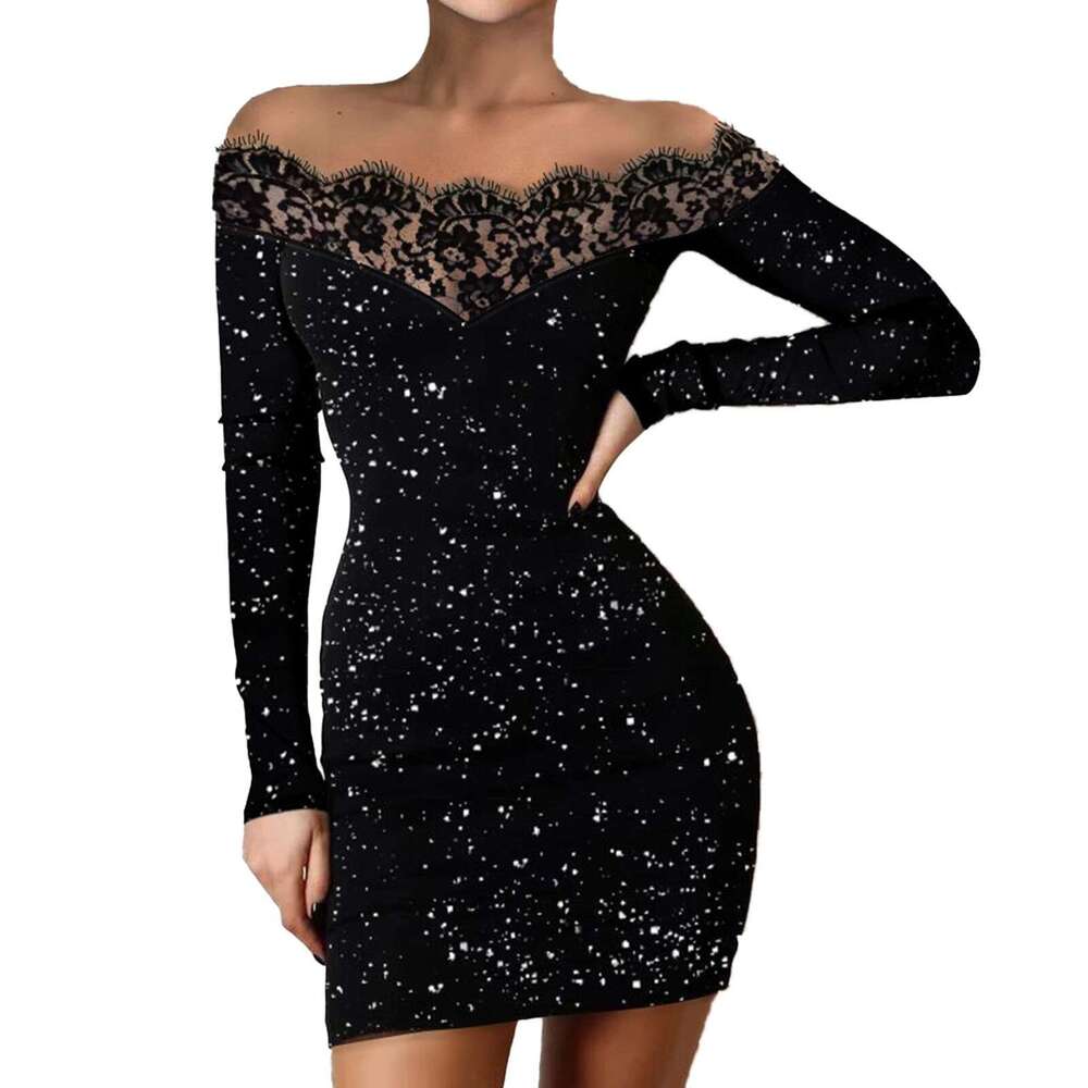 211125#European and American Cross-Border Women's Fashion Slim Fit Silver One-Shoulder Bodycon Black Dress Evening Gown