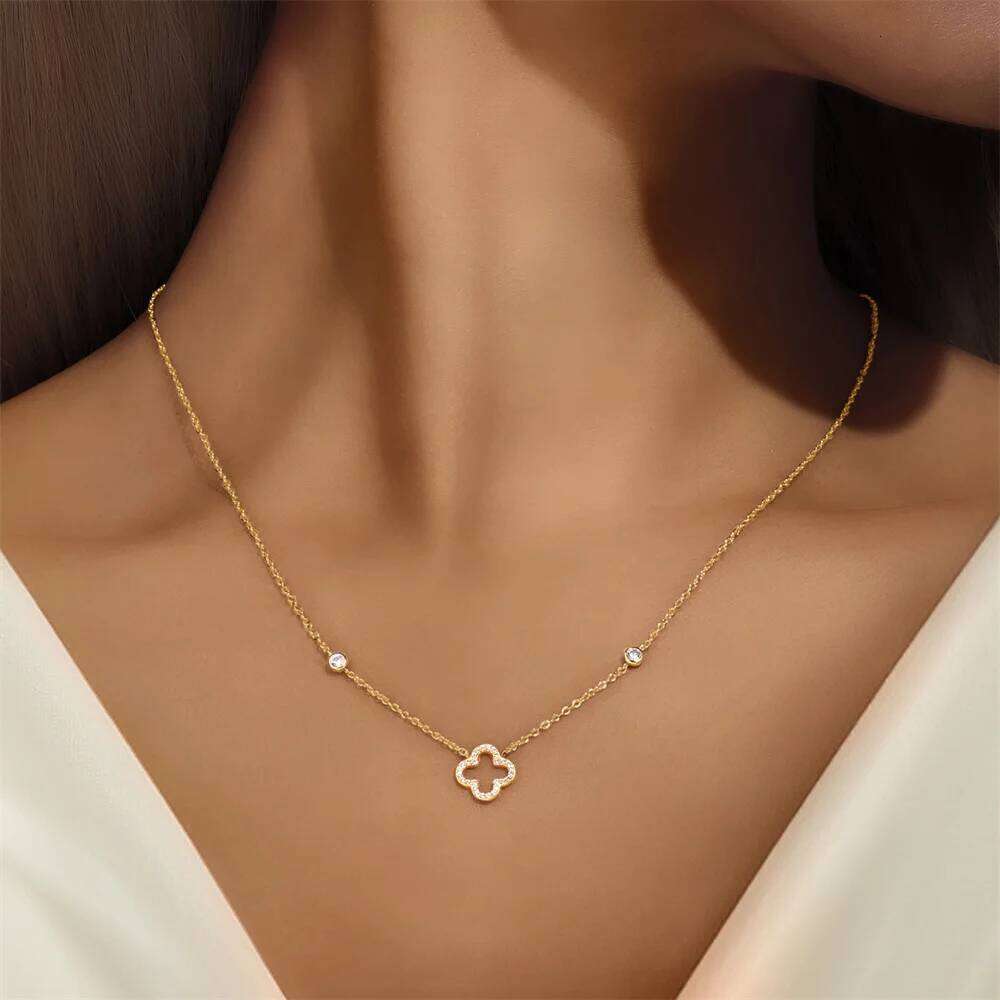 Aide 925 Sterling Silver French Elegance Exquisite Temperament Fashion 18K Gold-Plated Luck Four-Clover Collarbone Chain Female