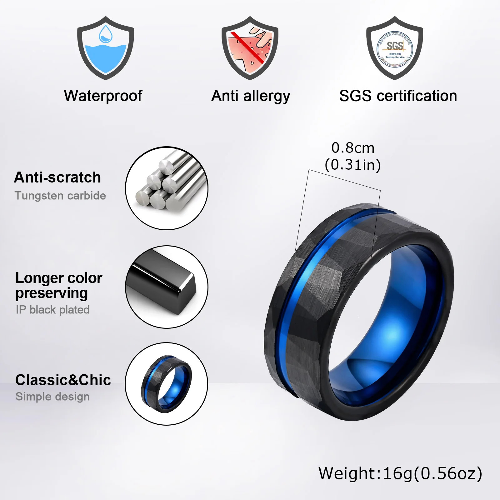 Vnox Mens Tungsten Carbide Ring Classic Black Blue Color Engagement Anniversary Finger Jewelry Gift to Husband 251230