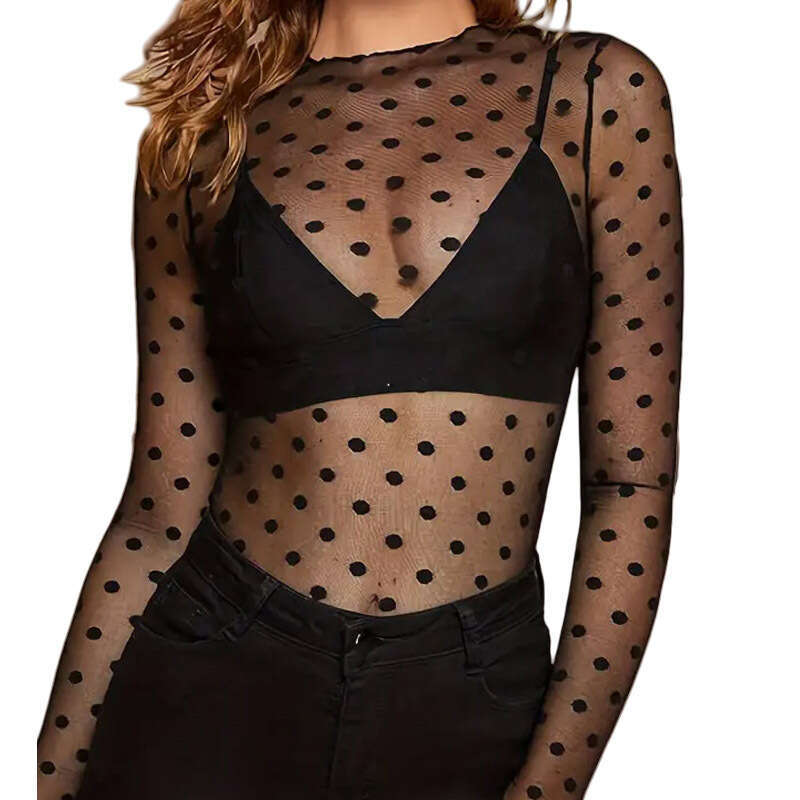 European and American Hot Lace T-shirt Women Club Mesh Top Cross-border Net Sand See-through Base Shirt