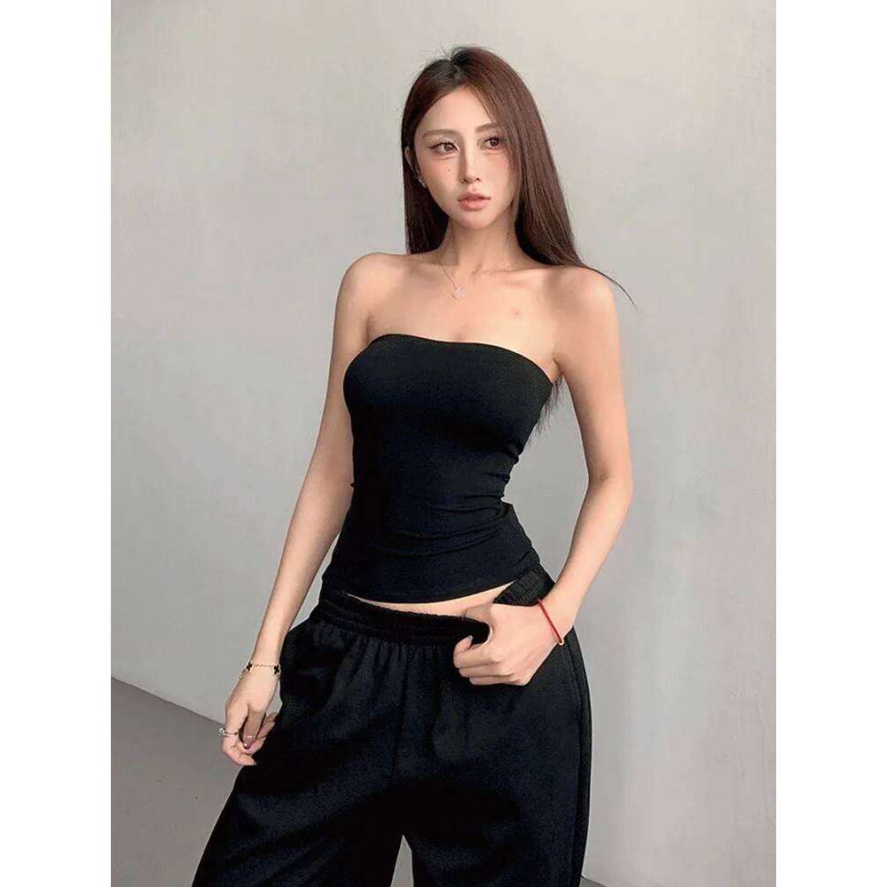 Strapless spicy girl top, pullover vest, slim fit women's clothing, off shoulder, straight neck, chest wrapped top