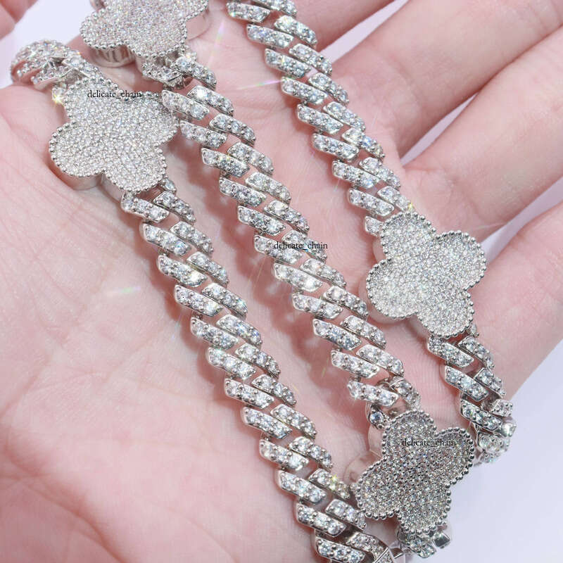 Hot Sale Women's 925 Sterling Silver VVS Silicon Stone VVS Moissanite Iced Lucky Four-Leaf Clover Cuban Valentine's Day Bracelet