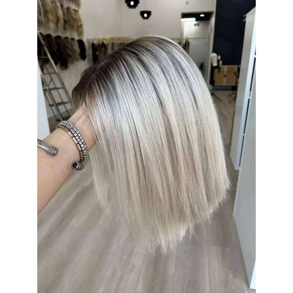 Luxury Ash Platinum Blonde Synthetic Lace Frontal With Dark Roots Bob Natural Straight 13*4 HD Original Factory Cheap Wigs