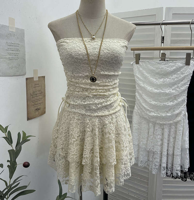 Real Shot Vintage Lace Patchwork Waist-Cinching Strapless Sexy Collarbone-Exposing Tiered Petite Short Dress 1272