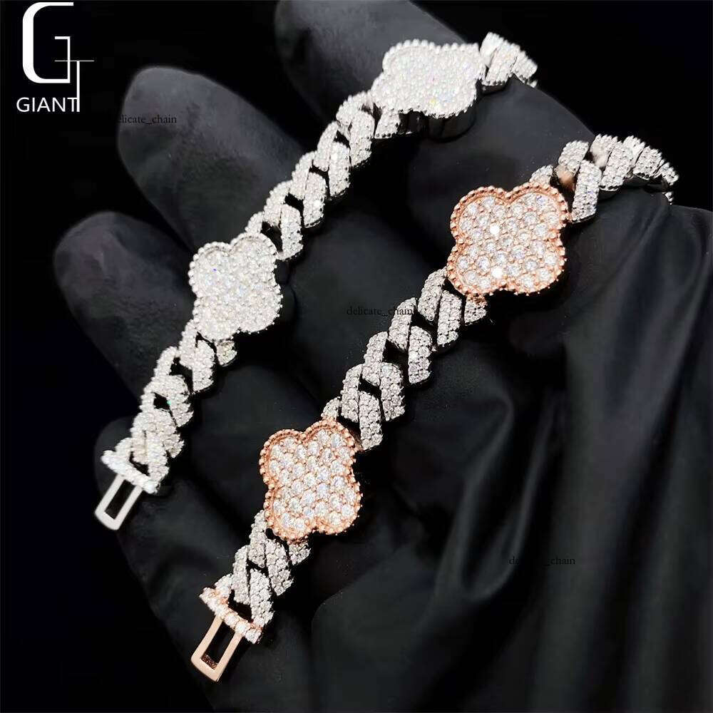 Fashion Four-Leaf VVS Moissanite Cuban Chain 925 Iced Rose Gold + Silver Hip-Hop Necklace Bracelet Best Gift