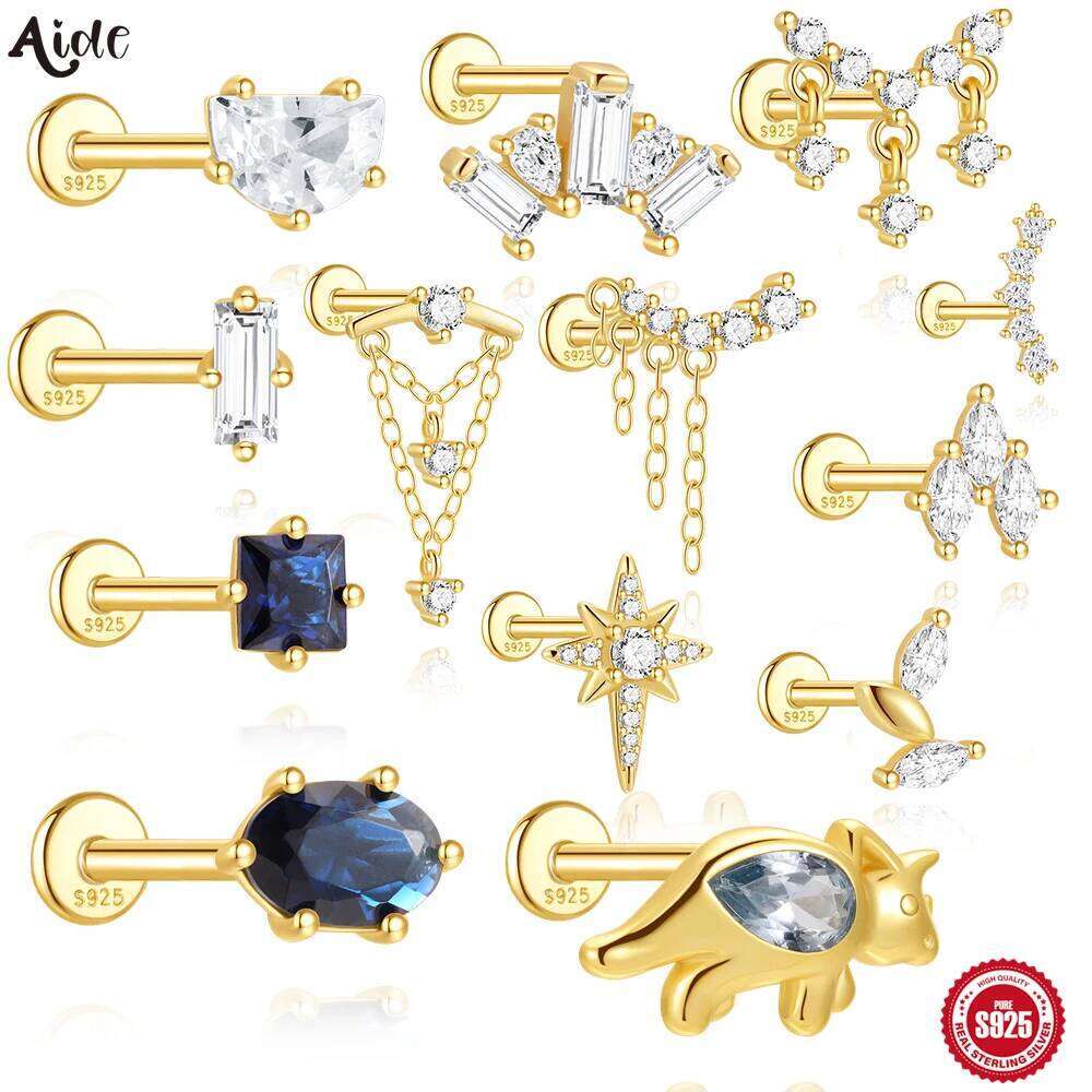 Aide 925 Sterling Silver 1Piece Geometric Zircon Piercing Earring For Women 18K Gold Flat Head Ear Studs Party Wedding Jewelry