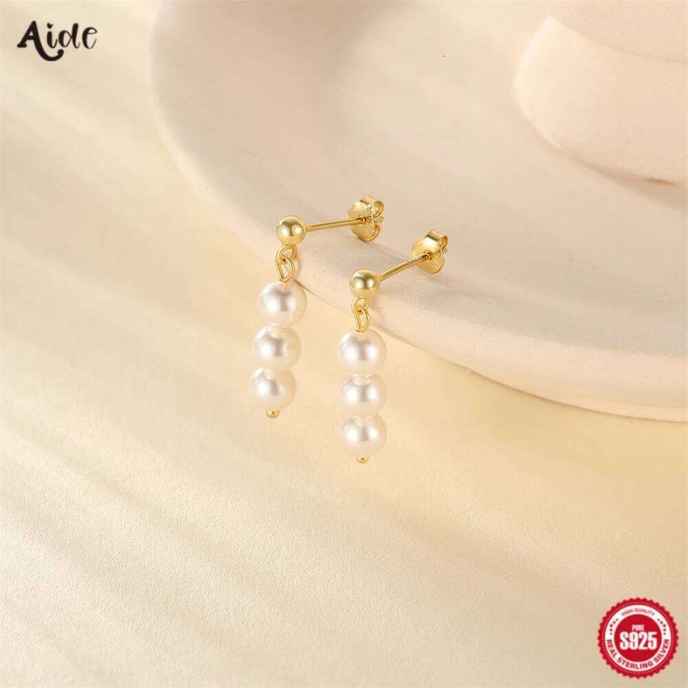 Aide 925 Sterling Silver Pearl Beading Dangling Drop Earrings For Women K Gold Simple Elegant Fine Jewelry Wedding Party Gift