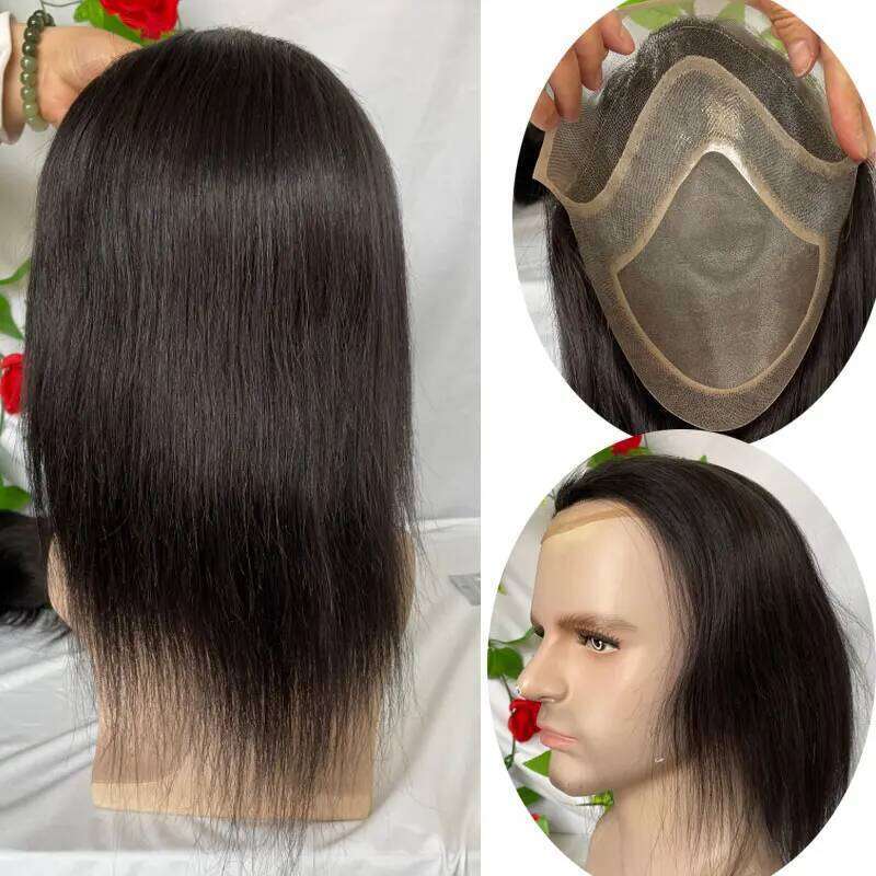 Long for 12inch 10x8 Hairpieces Human Hair Mens Toupee Mono Net With PU around Natural Black Color Men Wig