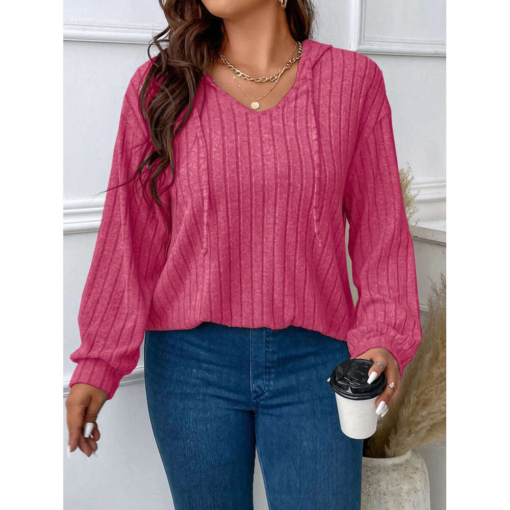 2026 Autumn Winter New Solid Color Plus Size Women's Top V-Neck Hooded Long Sleeve Ribbed Brushed T-Shirt Loose Fit
