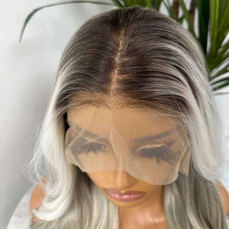 13x4 Middle Part Glueless Heat Resistant Platinum Ash Streaks Dark Roots Highlights Body Wave Lace Front Wig 26 Inch