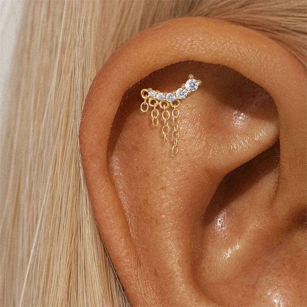 Aide 925 Sterling Silver 1pc Geometry Tassel Chain With Zirconia Stud Earrings For Women Hypoallergic Fine Jewelry Pendientes