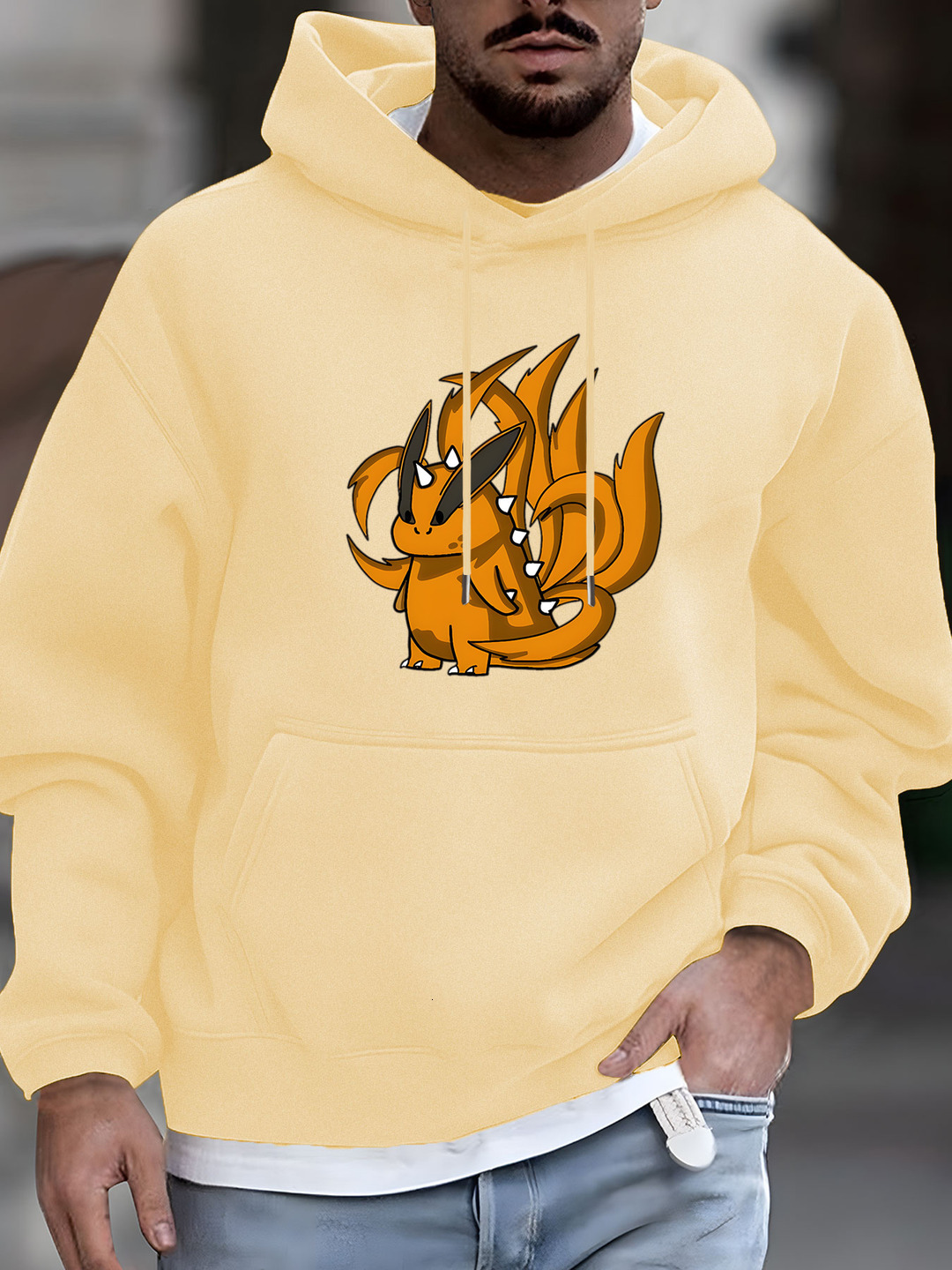 Men's Graphic Print Hooded Sweatshirt - Soft Polyester Blend Casual Pullover with Front Pocket, Vibrant Orange & Black Machine Washable for Autum