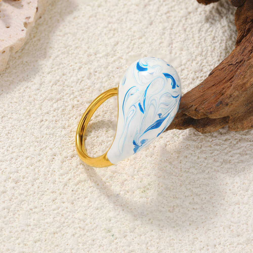 Fashion Porcelain Ring Vintage Enamel Painting Oil Blue and White Pattern Rings for Women New Chinese Style Open Fashion Irregular Ring Hand Accessori