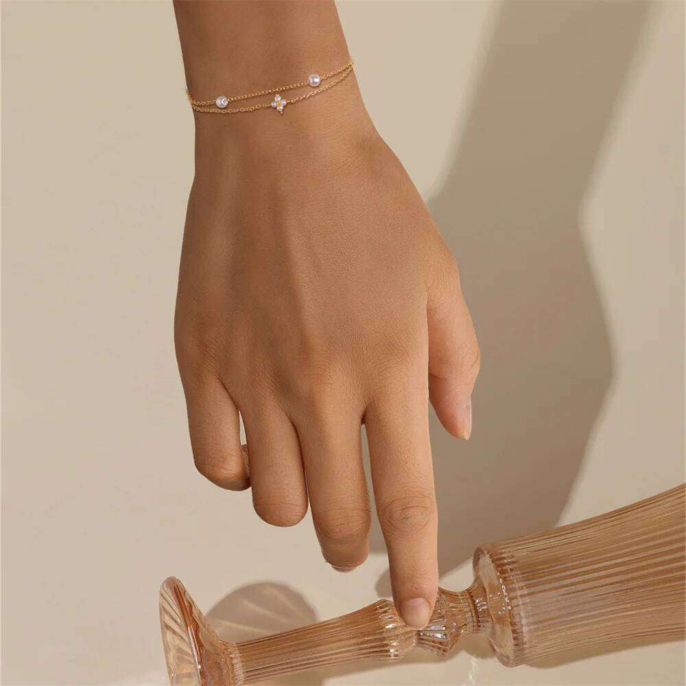 Aide Girls Chain for Women 925 Sterling Silver Double Layer Bracelet Exquisite Pearl Zircon Xmas Party Gifts Jewelry