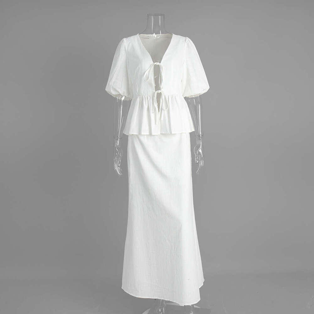 100% Cotton Half Spring Puff Sleeve Shirt + Design Long Skirt Casual Set for Women