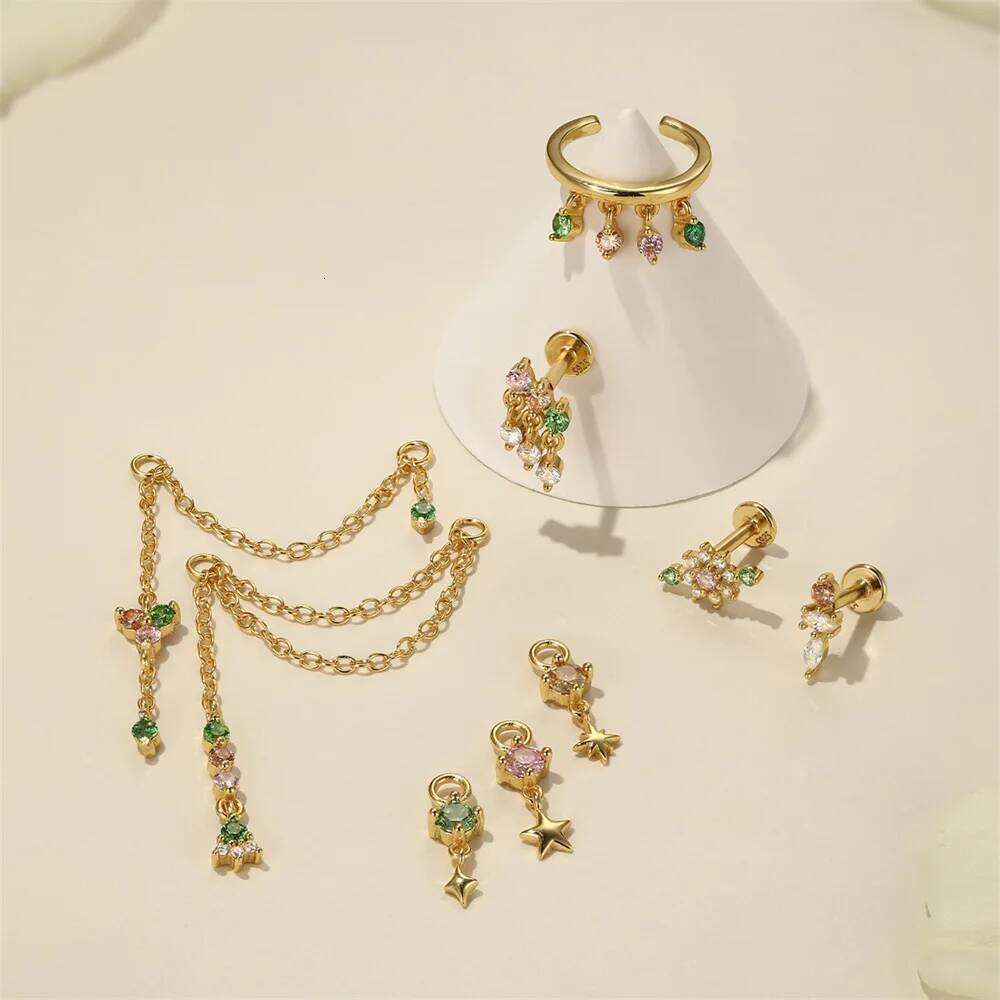 Aide New Stone Black Rutilated Quartz Flat Head Threaded 925 Sterling Silver Earring Rainbow Zircon Chain Ear Bone Studs