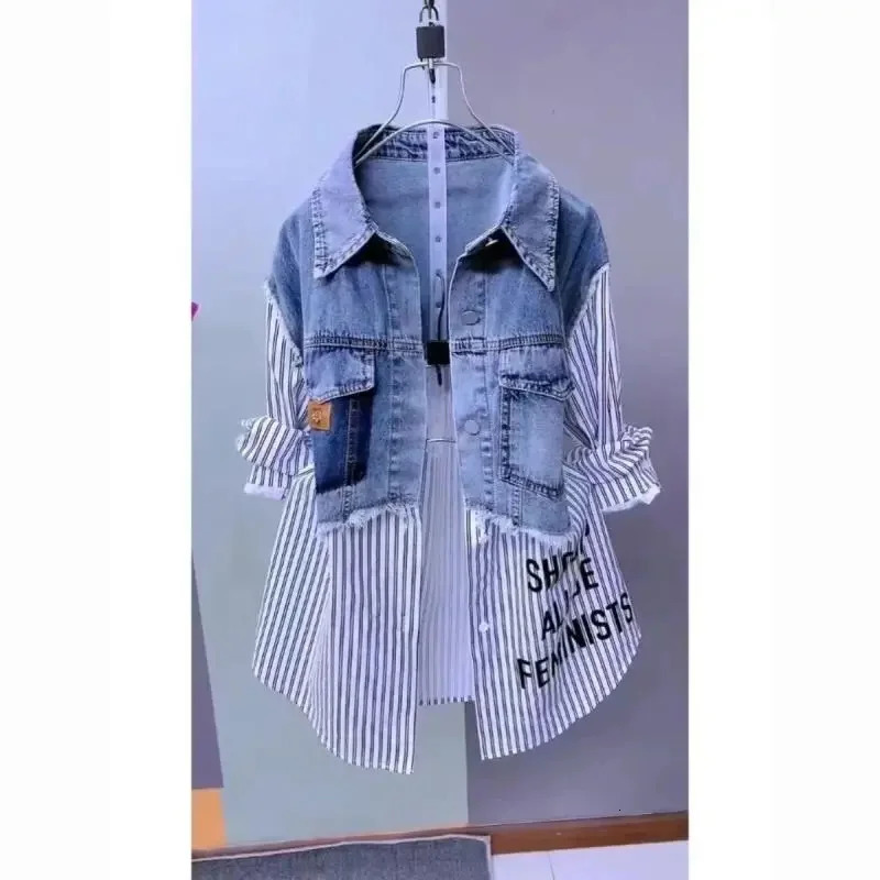 Fashion Striped Denim Jacket Womens SpringSummer n Sense Stitching Women Jackets Temperament Coat Top 251229