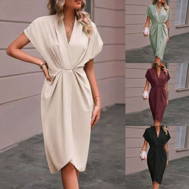 2026 European and American Cross-Border Foreign Trade V-Neck Elegant Irregular Sleeve Solid Color Floral Wrap Dress