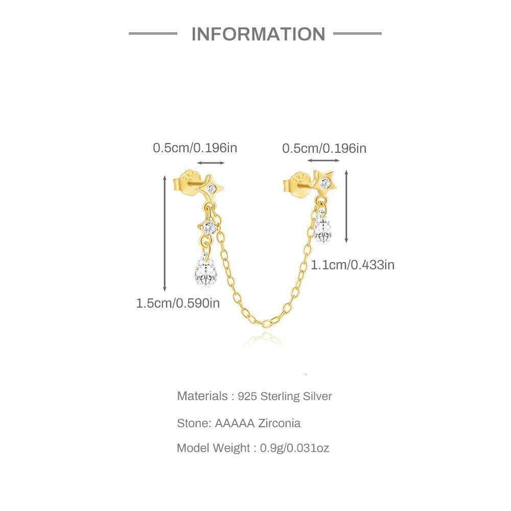 Aide 925 Sterling Silver Chain Tassel Star Hanging Double Studs Zircon Punk Earring Ear Clip Piercing Buckle Jewelry