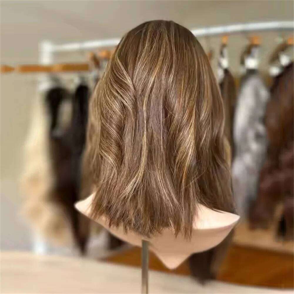 Chocolate Brown with Bangs Caramel Blonde Highlights 13x4 Lace Front Wigs Synthetic Glueless Wig Natural Wave Realistic