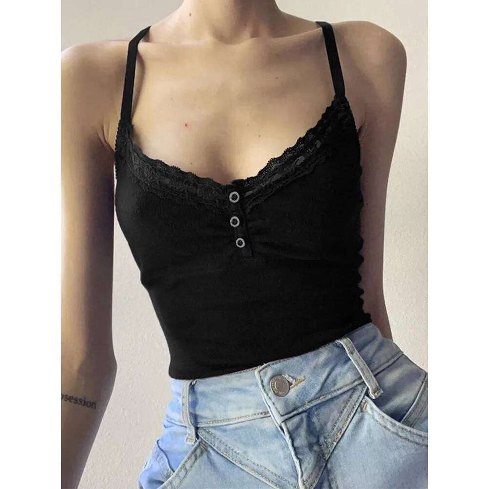 Sexy Folds Buttons Sleeveless Crop Top Black Vintage Y2K Corset Tops Casual Basic T-shirt