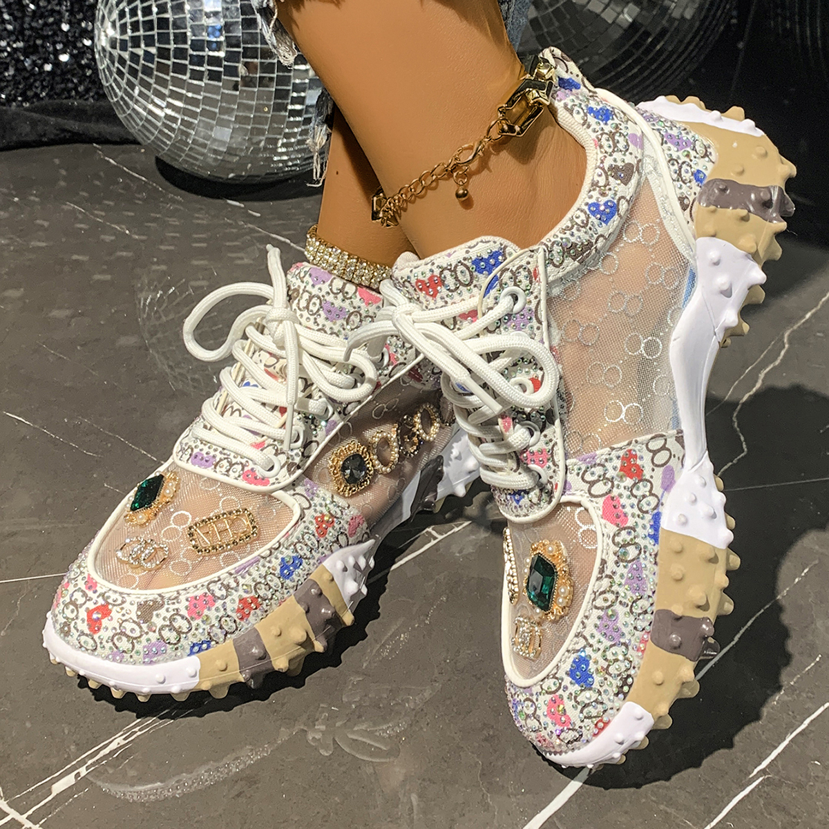 Women's Fashion Shoes Rhinestones Diamonds Embellished Luxury Shoes Rhinestones Designer Sneakers Thick Bottom Non Slip Running Shoes Zapatillas 