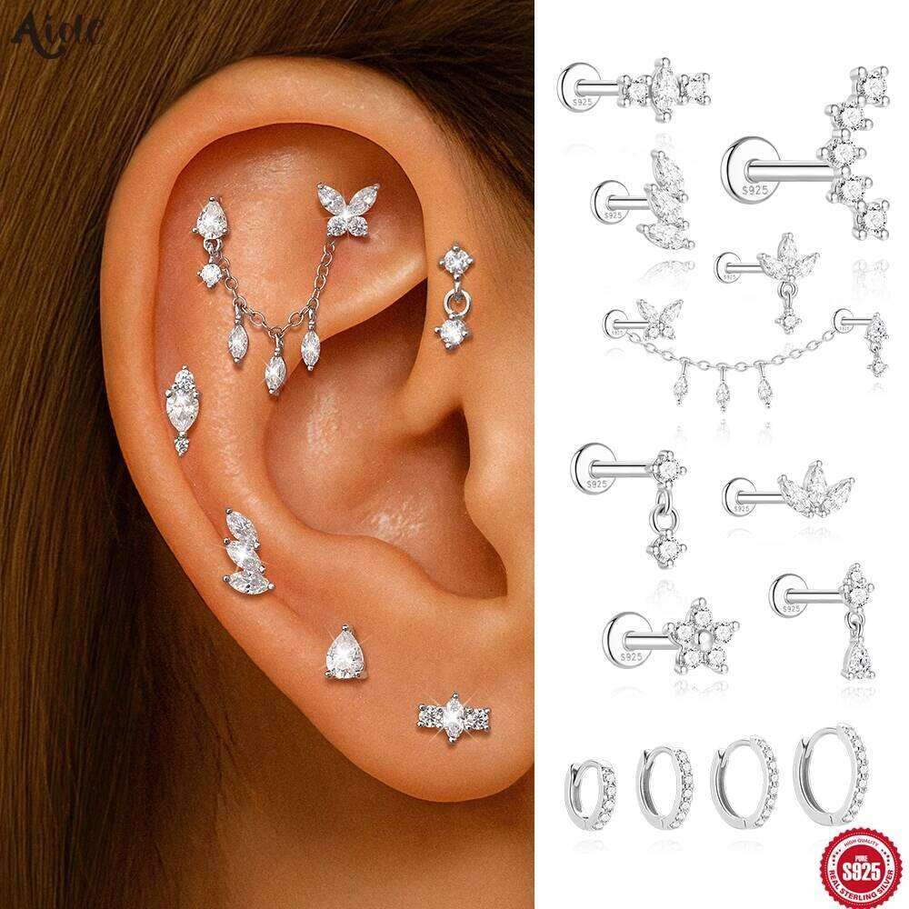 Aide 1pc 925 Sterling Moissanite Threaded Cartilage Silver Stud Earrings For Women Ins Ear Bone Piercing Jewelry Gift