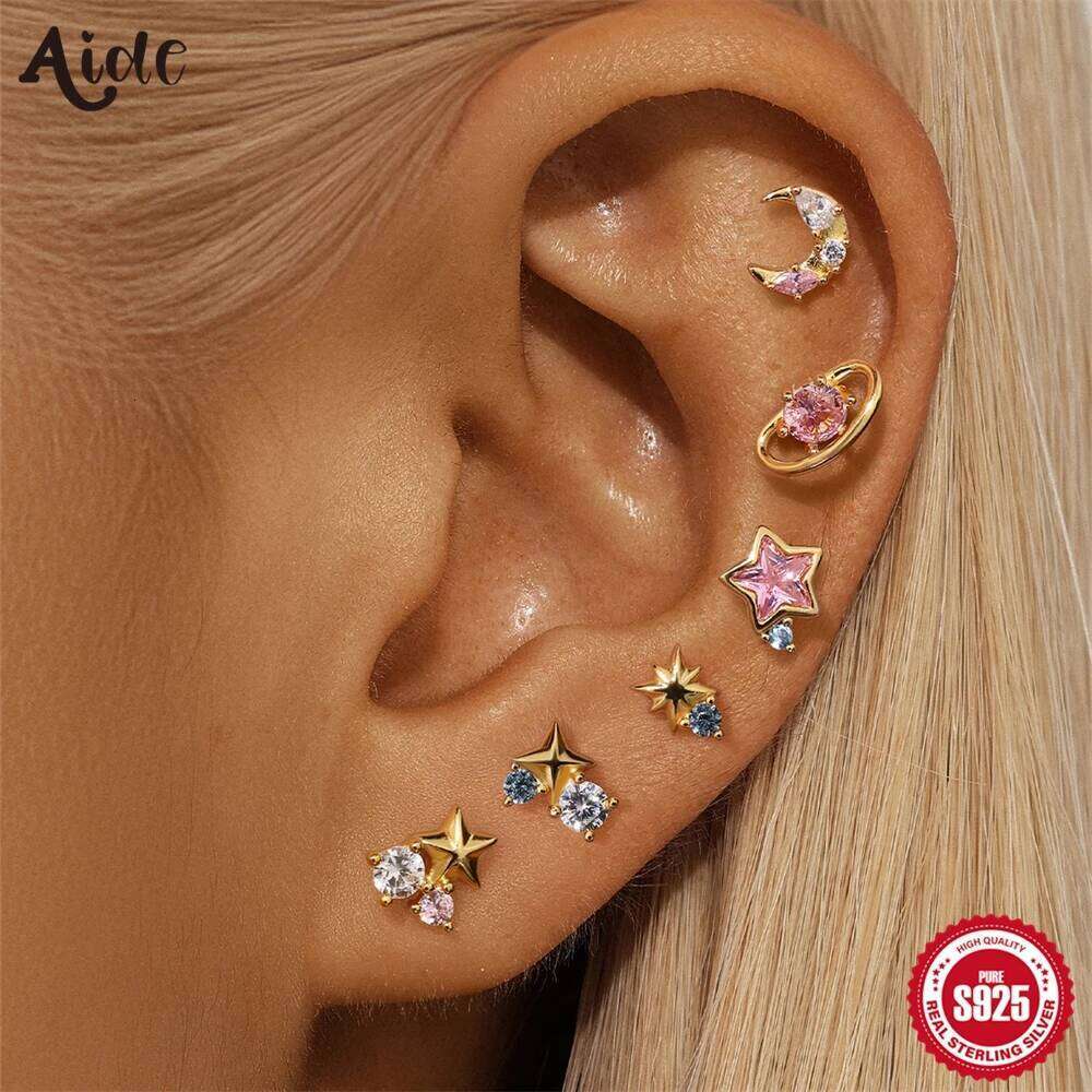 Aide 925 Sterling Silver Dainty Colors Zircon Stud Earrings for Women 3pieces Set Piercing Cartilage Ear Studs Fine Jewelry