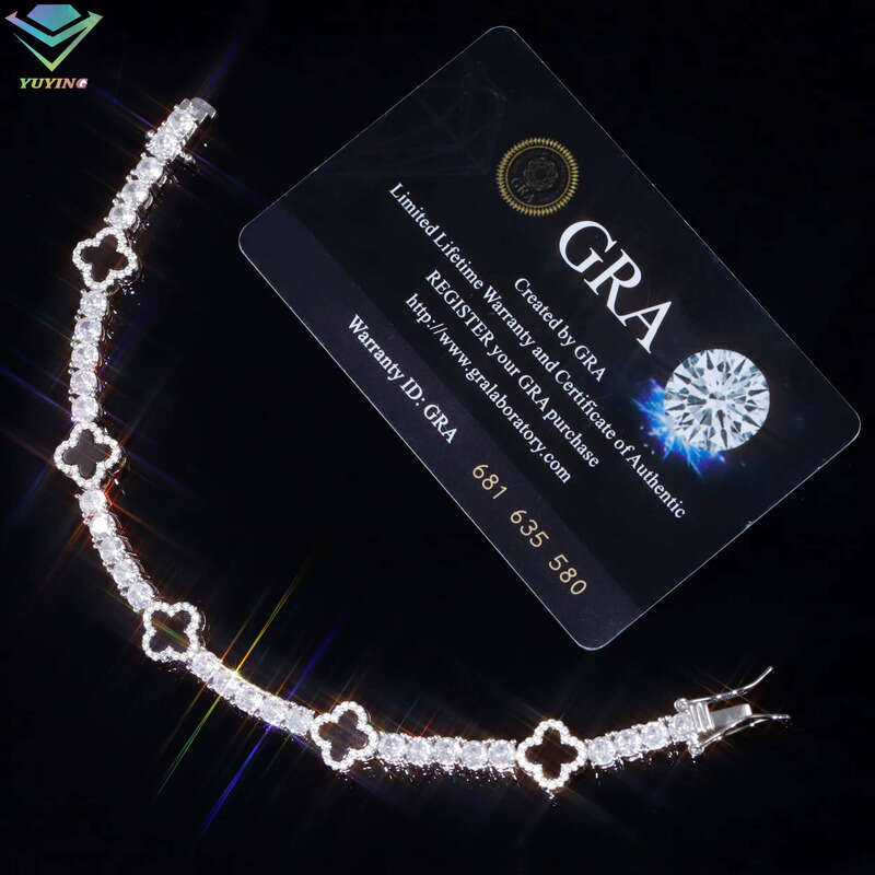 VVS Moissanite Hot Selling Four-leaf Clover 925 Silver Black Agate Fashion Jewelry Tennis Ice 3mm 4mm 5mm Chalcedony Bracelet