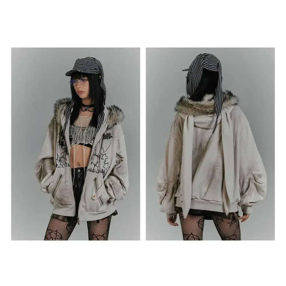 Zhehan American Retro Hoodie Women Gothic Simple Print Rabbit Ears Zipper Hooded Fur Collar Sweatshirt Fashionable Harajuku Jacket Tops