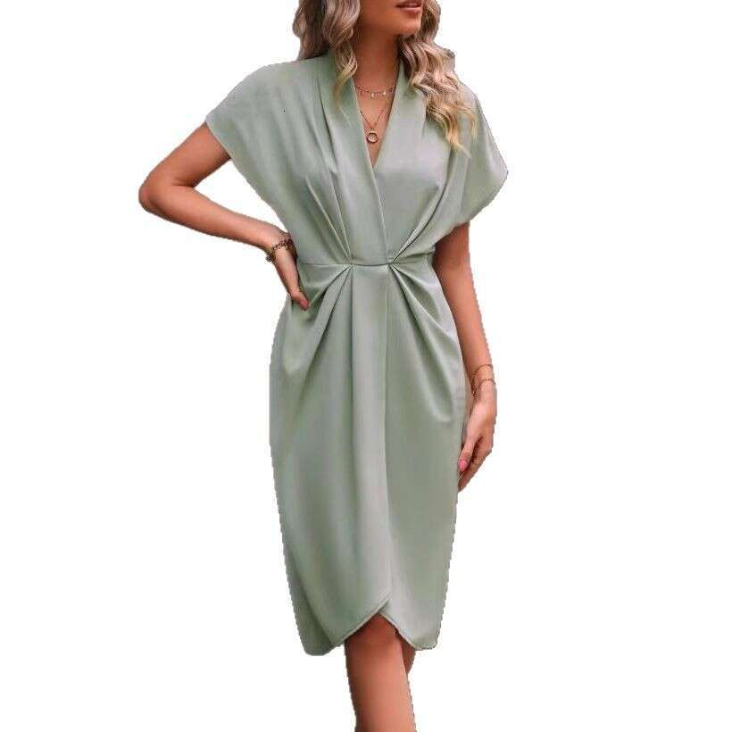 2026 European and American Cross-Border Foreign Trade V-Neck Elegant Irregular Sleeve Solid Color Floral Wrap Dress