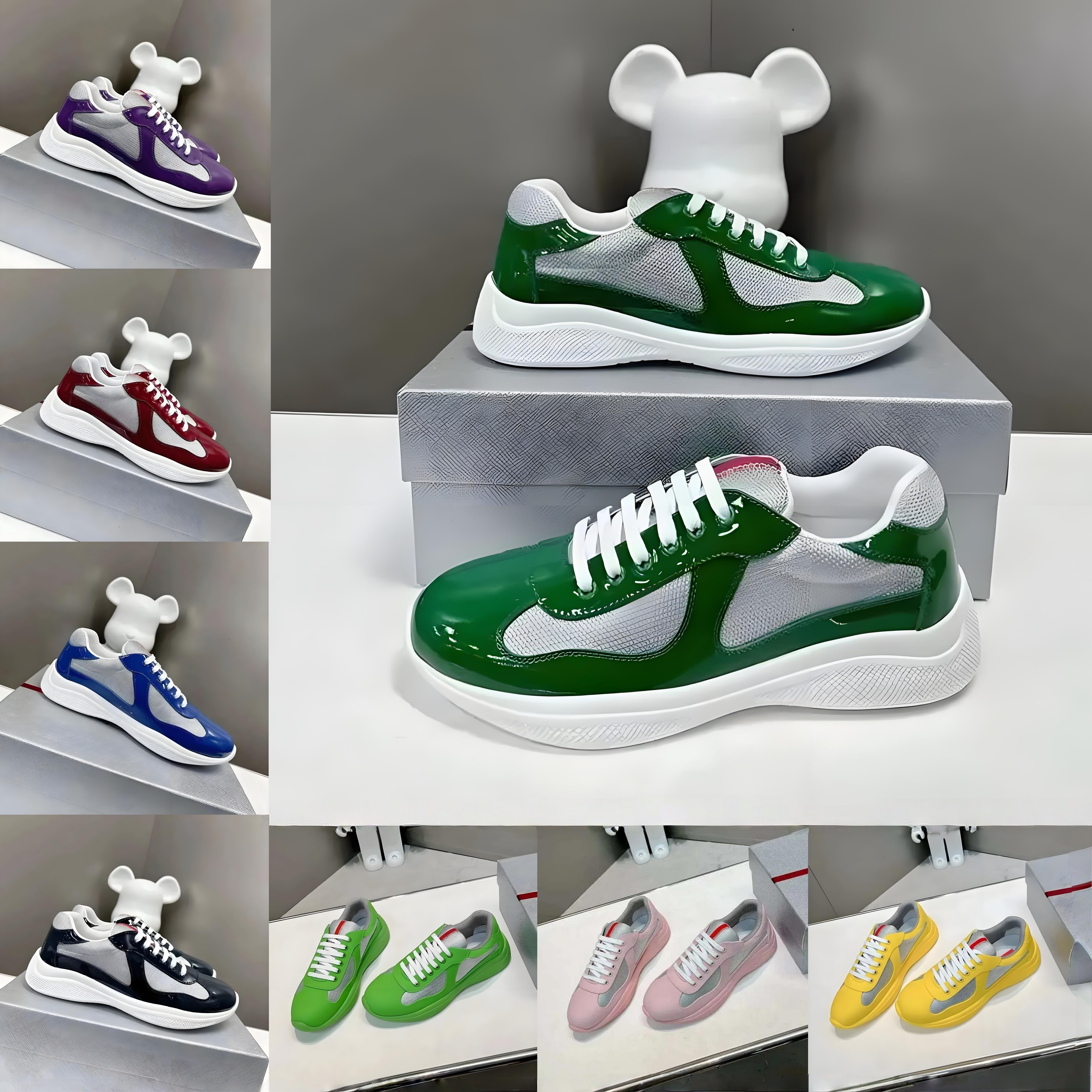 Designer Shoes Mens Shoes Womens Sneakers Classic Casual Shoes Bright Leather Nylon Outdoor Trainers Comfortable Breathable Americas Cup Running Shoes Mesh Shoe