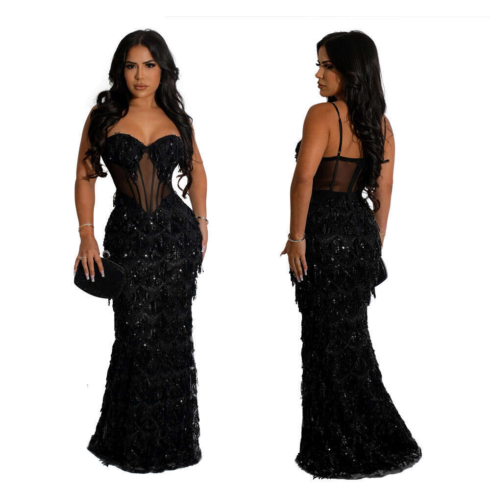 Elegant Luxury Celebrity Evening Party Dresses Women's Sequined Mesh Patchwork Bodycon Sexy Birthday Prom Vestido Party Long Dress Women S Luxury