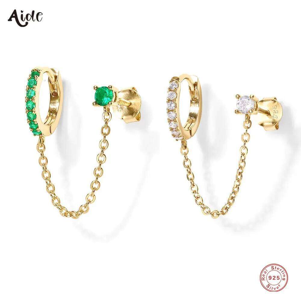 Aide 1pc 925 Sterling Silver Double Hole Chain Tassel Earrings For Women Fresh Green White CZ Zircon Pave Circle Stud Earring