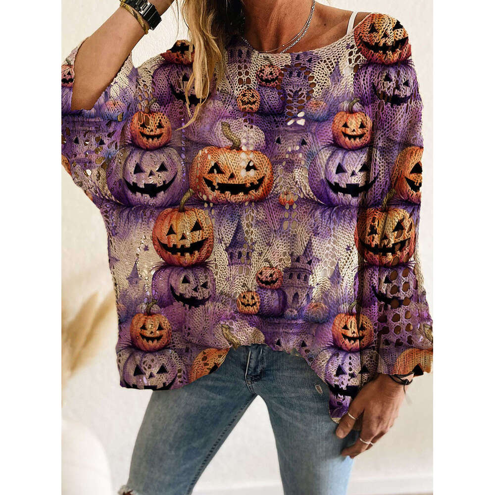 Spring Summer Autumn Four Seasons Off-Shoulder Diamond Hollow Pumpkin Bat Halloween Print Long Sleeve Women's Casual Premium