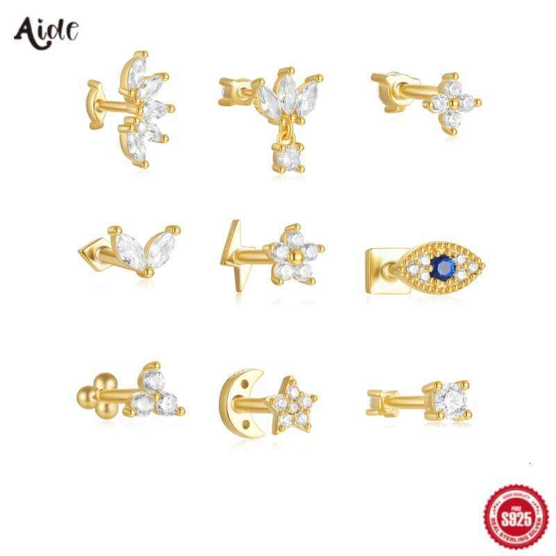 Aide 925 Sterling Silver 1pc Asymmetric Two Side Wearable Piercing Screw-Back Stud Earrings For Women Elegant Bohemian Jewelry