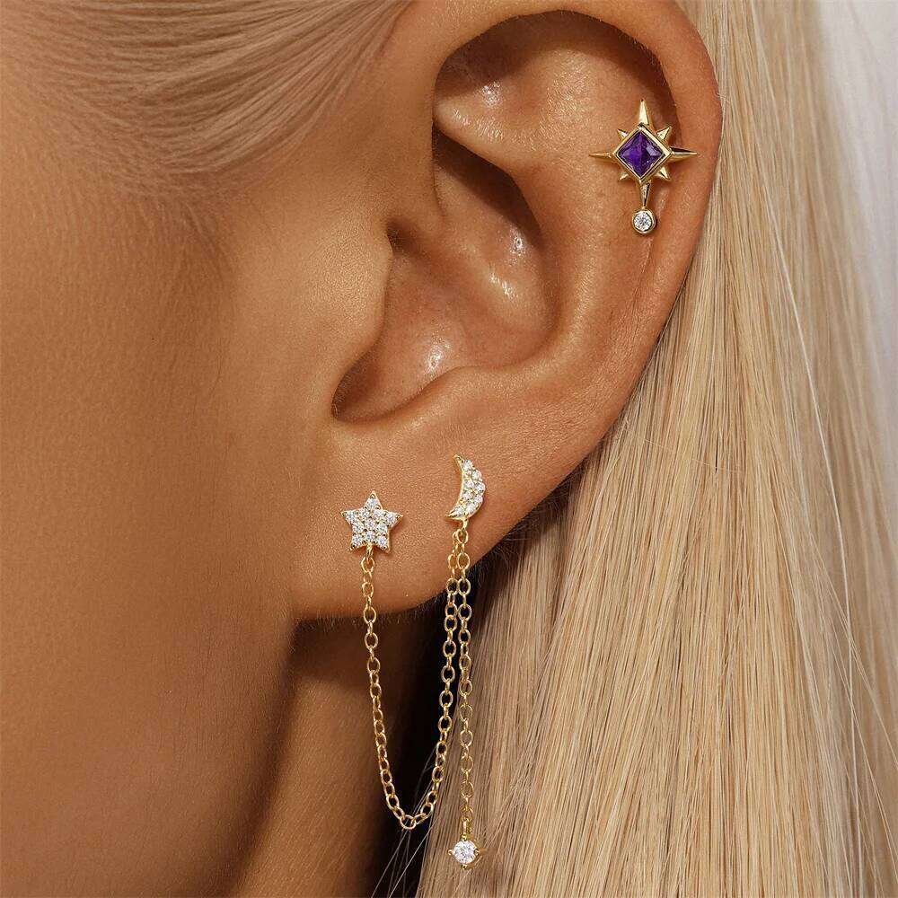 Aide 925 Sterling Silver Chain Tassel Star Hanging Double Studs Zircon Punk Earring Ear Clip Piercing Buckle Jewelry