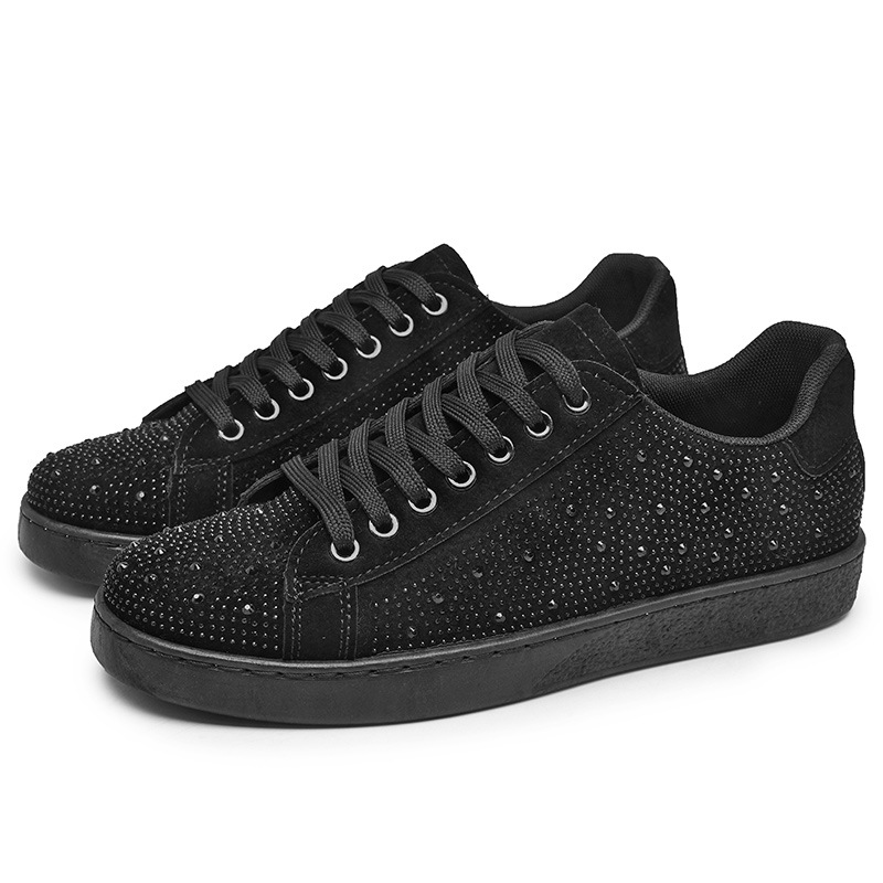 Luxury Shoes 2026 Men's Fashion Rhinestone Decor Casual Sneakers - Black Suede-like Low-Top Shoes for Daily/Streetwear (Size 39-44)
