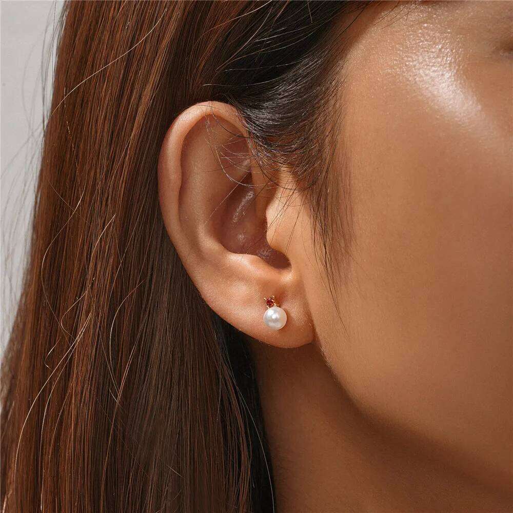 Aide Real 925 Sterling Silver Pearl Stud Earrings Red Zircon Piercing Earring For Women Gold Pendientes Luxury Jewelry Wedding